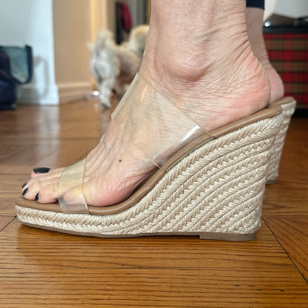Steve Madden Wedges with Clear straps. Size 7.5M. Color: Beige/Tan
